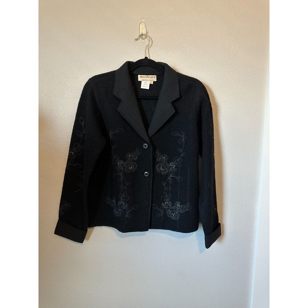 Norm Thompson Vintage Wool Blazer with Monochrome Black on Black Embroidery